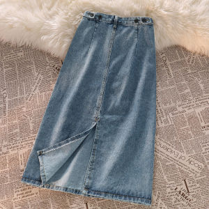 New Jeans Kembali Split Rok Jeans Wanita korea Rok Midi Denim Fashion A-line Highwaist Biru Retro