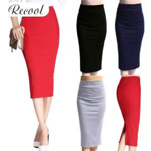 Autumn Winter Women Pencil Skirt High Waist Cotton Solid Color Stretch Elastic Slim Business OL Split Bodycon Skirts