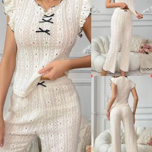 Bộ đồ ngủ đan dây ren màu be dành cho nữ tay áo rỗng 2 mảnh Loungewear Đồ ngủ mỏng co giãn cho mùa xuân hè