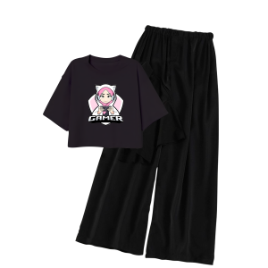 klikbusana Setelan Wanita Kekinian usia 9-16 Tahun Kaos Crop Kulot Hitam HIJAB GAMER GIRL