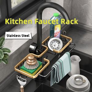 Homesty Homesty【Hot Sale】Kitchen Faucet Rack Rust-proof Adjustable Sponge Holder Drain Basket Sink Stainless Steel Shelf Household Rag Hanger Drainage Rack Sponge Holder Bathroom Shelf Organizer