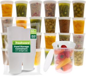 Freshware Food Storage Containers [24 Set] 32 oz Plastic Deli Containers with Lids Slime Soup Meal Prep Containers    BPA Free    Stackable    Leakproof    Microwave/Dishwasher/Freezer Safe