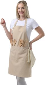 TOSHE Kitchen Apron Waterdrop Resistant Cotton Apron with adjustable Aprons for Women with Pockets 10 Color option Cooking Powder Pink Apron (Powder Pink)