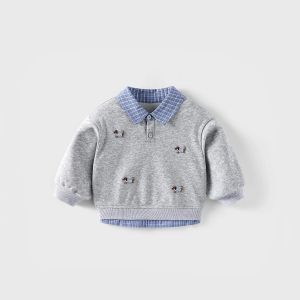 6438 Childrens Label Sweater Spring Autumn Boys Cartoon Bottoming Shirt Baby Girls Fake Two-piece Pullover Tops2026