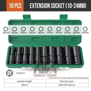 MATA SOK IMPACT SET 10PCS CRV SOKET PANJANG 1/2" SET DEEP SOCKET IMPACT SET 10 PCS CHROME VANADIUM