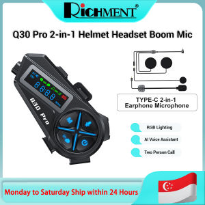 RICHMENT Q30 Pro 2-in-1 Boom Mic Options Hi-Fi Stereo Fits Full-Face Bluetooth Helmet Headset Half-Face & Modular Helmets RGB Light Long-Range Communication