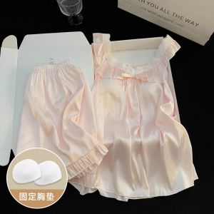 Princess Style Sleepwear Womens Summer Sweet Ice Silk Lace Suspender Shorts Pyjamas with Chest Padded High-end Loose Home Outfit Set