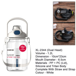 Cille 1.2L/1.5L/2L Dual Head Large Capacity Leakproof Tritan BPA-Free Water Bottle c/w Strap