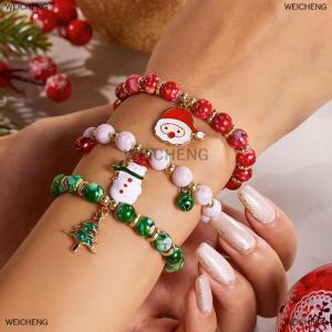 [COD] WEICHENG Christmas Colorful Beads Multi Element Pendant Bracelets For Women Santa Claus Snowflake Tree Elk Bracelet Party Jewelry