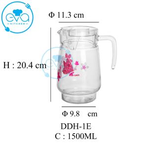 Bình Đựng Nước Thuỷ Tinh 1.3L Miệng Rót Dáng Eo In Hoạ Tiết Có Quai Cầm EH1002-1E Floral Pattern Glass Jug 1300ML