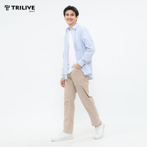 TRILIVE - Kemeja Casual Pria / Kemeja Garis Biru Blue Katun Lengan Panjang