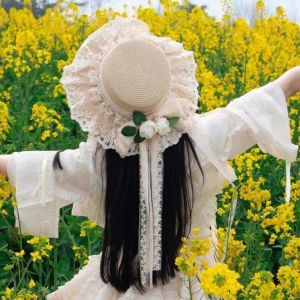 Live Show Breathable Vacation Beach Cap Lightweight Big Brimmed Fisherman Straw Hat with Garland Sombrero Woven Sun Cap Summer