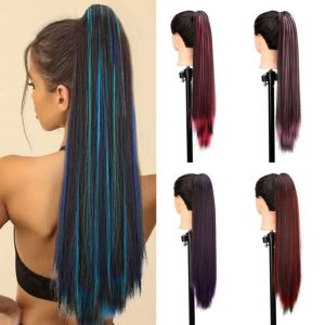 REEBO Highlighted Claw Clip Ponytail Wig Ombre Ponytail Extension Long Straight Ponytail Hair Accessories Fake Pony Tail Hairpiece for Kids and Women