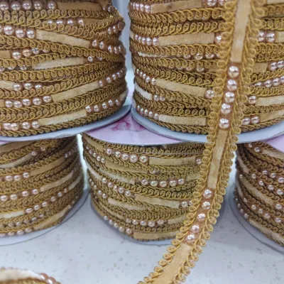 LACE 9 Meter (1 Roll) (LF) GOLD COLOR WITH BEADS for TAILORING / SEWING / CRAFT / RENDA / DECORATION / SAREE BLOUSE