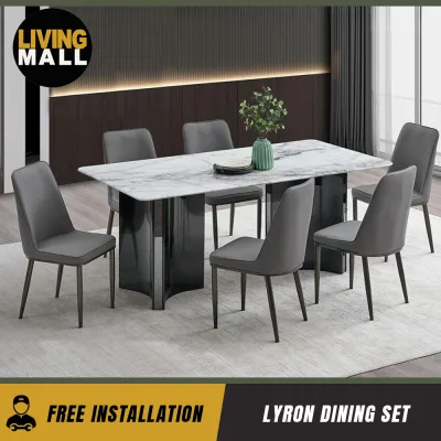 Living Mall Lyron 1+6 Dining Set Marble Table with PU Leather Chair