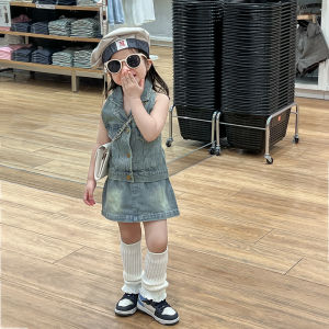 Setelan Anak Perempuan Import Jeans Kerah Tanpa Lengan Rok Mini Karet Belakang Model Kekinian
