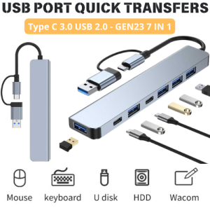BERGARANSI GENERIS USB Hub Type C 7in1 USB 3.0 Saklar Independen Multiport Adapter Dock Station