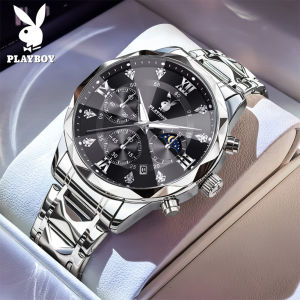 PLAYBOY นาฬิกาข้อมือผู้ชาย สายสแตนเลสสีทอง ระบบควอทซ์ กันน้ำ มัลติฟังก์ชั่น มีกลไกจับเวลา และหน้าปัดประดับคริสตัล สไตล์หรูหรา