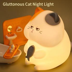 Gluttonous Cat Night Light Rechargeable Silicone Touch Patting Lamp Fun Cat and Fish Lamp Animal Light Bedside Desktop Decor