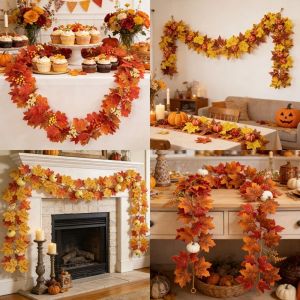 LUXERY Realistic Appearance Artificial Maple Leaf Garland Bright Foliage Hanging Fall Leaf Garland  Autumn Style Decorative Maple Leaf Vine Halloween Party