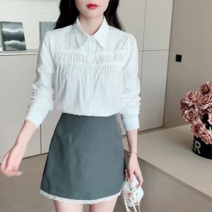 AMMIN 2025 spring and autumn new simple lapel fashion embroidery hollow lace stitching single-breasted cotton shirt womens Korean style fashion pleated design foreign style long sleeve elegant blouse