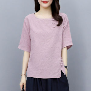 Top for Women Womens Short Sleeve T-shirt Summer Cotton Linen Blouse Plus Size Blouse Women ﻿新年衣服2025 Hanfu women chinese  红色上衣女 cny top