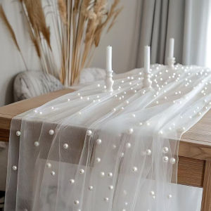 White Pearl Chiffon Sheer Table Runner Lightweight Gauze Mesh For Wedding Birthday Party Decor