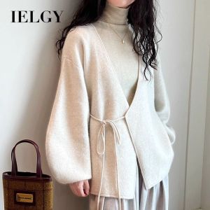 IELGY Lantern Sleeve New Chinese Style V-Neck Lace-Up Waist Cardigan Lazy Jacket for Women