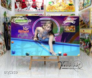 Tranh phòng Billiards Bida Bi-a người đẹp cầm cơ tráng gương treo tường BQC259