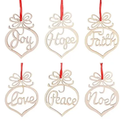 30/6Pcs Wooden Hollow Christmas Ornaments Peace Love Letter Hanging Pendant for Xmas Tree Decoration Ornaments DIY Wooden Crafts Gifts for New Year Christmas