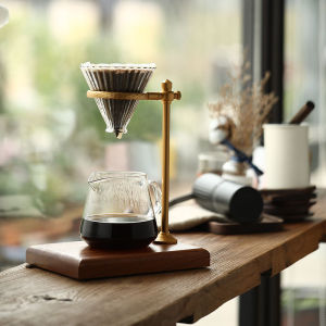 Adjustable Retro Solid Wood Hand-brewed Coffee Stand Household Filter Cup Holder Bronze Pour Over Coffee Dripper Stand With Wood Base Filter Rack