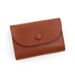 Top Layer Cowhide Lychee Pattern Short Wallet Button Closure Coin Purse Small Leather Wallet Womens Zipper Mini Card Holder