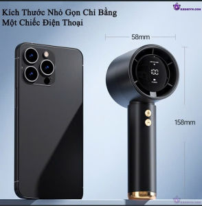 Quạt cầm tay nhỏ gọn với thiết kế điện thoại kích thước 58mm x 158mm màu đen bóng màn hình hiển thị số hai nút điều khiển vàng.