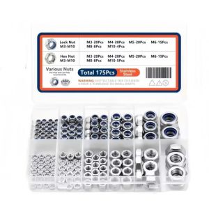 SIRENXI 175PCS Thép không gỉ Đai ốc khóa M3 M4 M5 M6 M8 M10. Khóa chèn nylon Đai ốc hệ mét Bộ phần cứng Các kích cỡ đa dạng Bộ sản phẩm nắp vặn Sử dụng công nghiệp