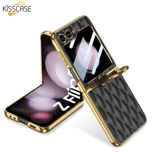 [With Lens Film & Metal Ring] KISSCASE For Samsung Z Flip5 5G Flip4 Flip3 Case Holder PU Plain Leather Electroplating Shell Ring Bracket Holder Hard Cover Membrane Integrated Diamond Case For Galaxy Z Flip 5 5G Flip 4 5G Flip 3