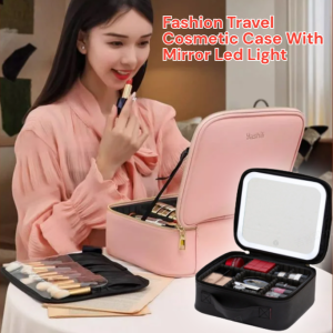 Led Light With Mirror Cosmetic Organizer Makeup Bags Organizers With 3-Color Adjustable Brightness Mirror