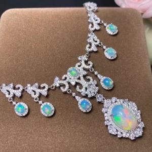 S925 Sterling Silver Inlaid Natural Opal Necklace Main Stone 10*14mm Vintage Luxury Banquet Choker