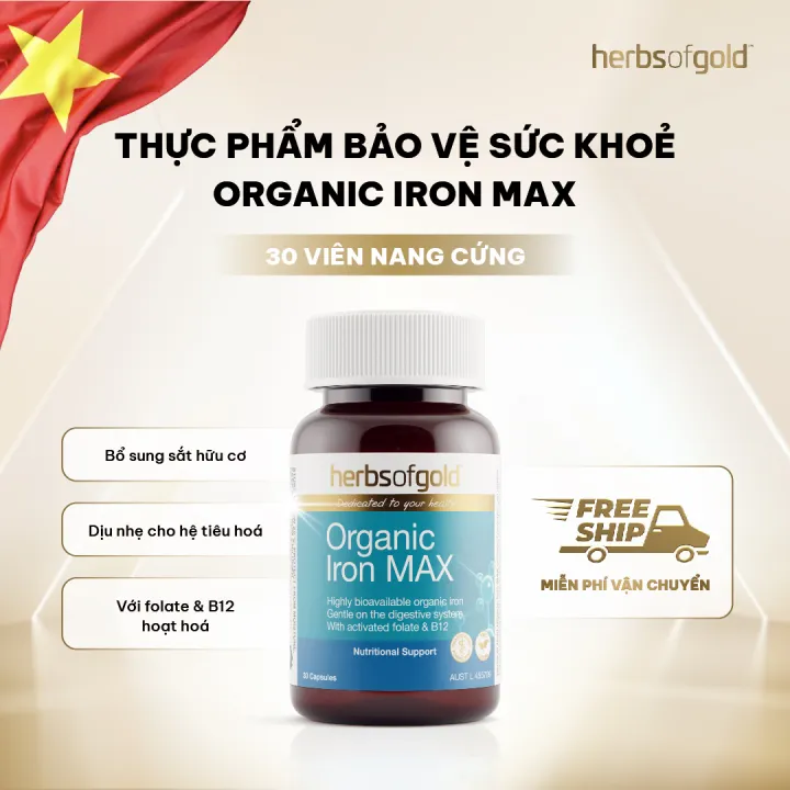 Viên Uống Bổ Sung Sắt Herbs of Gold Organic Iron Max – Sắt Hữu Cơ Dễ Hấp Thu – Hộp 30 Viên