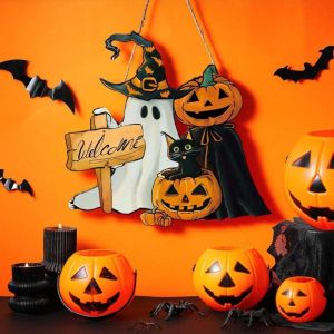 VERIDIAI Creative Spooky Halloween Welcome Door Sign Wooden Funny Wall Hanging Pendant Festival Supplies Cartoon Ghost Cat Pumpkin Hanger Wreath Front Porch