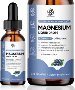 Magnesium Glycinate Liquid Magnesium Complex Supplement with Omega3 L-Theanine and Vitamin for Calm Sleep Support Muscle Relief Non GMO Blueberry Flavor 2 Fl Oz