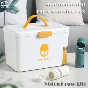 Vision Detachable Medicine Box with Portable Pill Box Household Medicine Cabinet Large Capacity Medicine Chest First-aid Kit Medical Tablet Organizer with Cutting and Grinding Function