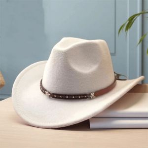 FERAB Leather Belt Decorated Western Cowboy Hat Pentagram Decorated Soft Denim Hat Fashion Stylish Design Fedora Hat Outdoor Wear