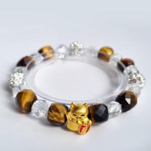 D15 Tiger eye Clear quartz faceted crystal beads bracelet with 18k Fortune Cat