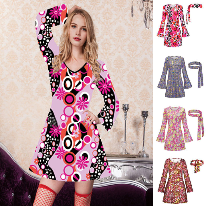 Women Retro Dress Retro Dress 70s Disco Party Costume Set with Headband  Colorful Printed A-line Dress for Halloween Role Play Women's Bell Sleeve 