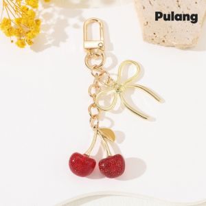 Shiny Bow Cherry Crystal Keychain Trendy Creative Car Keyrings Handbag Ornament Bag Pendant Charm