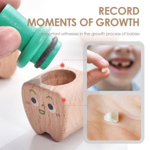 HISTO 4pcs/set Childishness Baby Teeth Box Memorial Wooden Collecting Teeth Umbilical Cord Box Cute Funny Milk Teeth Storage Collect Box Boy Girl