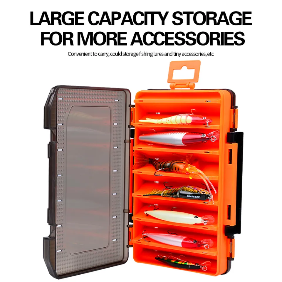 PROBEROS 14 Compartments Fishing Box Double Sided Open Lure Box  19.7*12.2*3.8CM Large Capacity Waterproof Fishing Tackle Tool Hard Bait  Lure Box Storage H1500