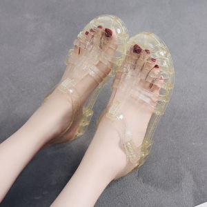 LJFlat Bottom Sandals Womens Summer Slip-On Soft Sole Transparent Crystal Jelly Shoes Anti-Slip Waterproof Beach Shoes Korean Style Student