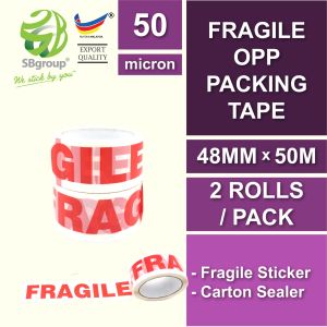Heavy Duty Fragile Printed OPP Packing Tape (Red & White) 48mm x 50m x 50mic (2 ROLLS) SB329