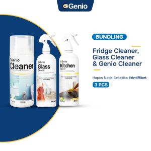 PAKET BUNDLING Genio Cleaner & Kitchen Cleaner & Glass Cleaner - Cairan Pembersih Kerak Lantai Besi Stainless Plastik Jamur Kaca dan Peralatan Dapur. Free Kuas Sikat Kawat Sarung Tangan Microfiber dan Wiper Kaca